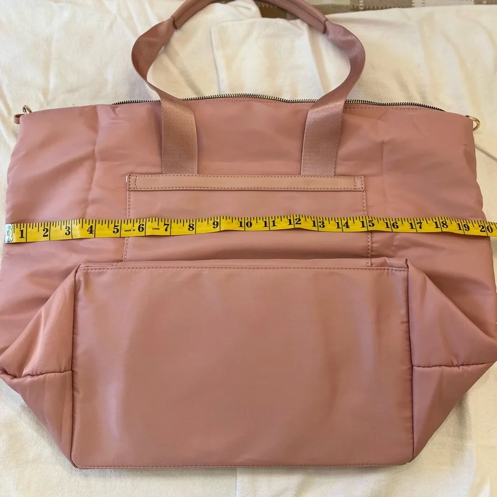 Pink soft padded nylon overnight laptop tote w/ double handle & adjustable strap